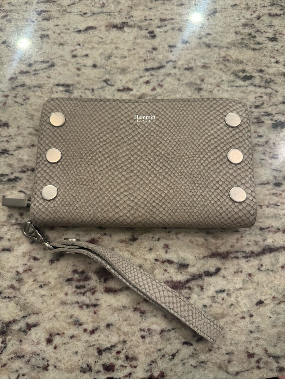 Hammitt Taupe Textured Leather Wristlet with Silver Studs